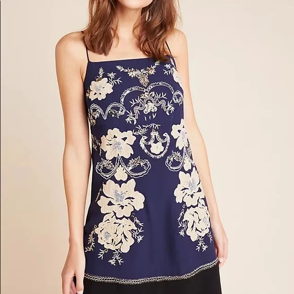 Anthropologie | Dresses | New Anthropologie Allaire Embroidered Slip Dress  Sequined Sz Xl Navy Floral | Poshmark